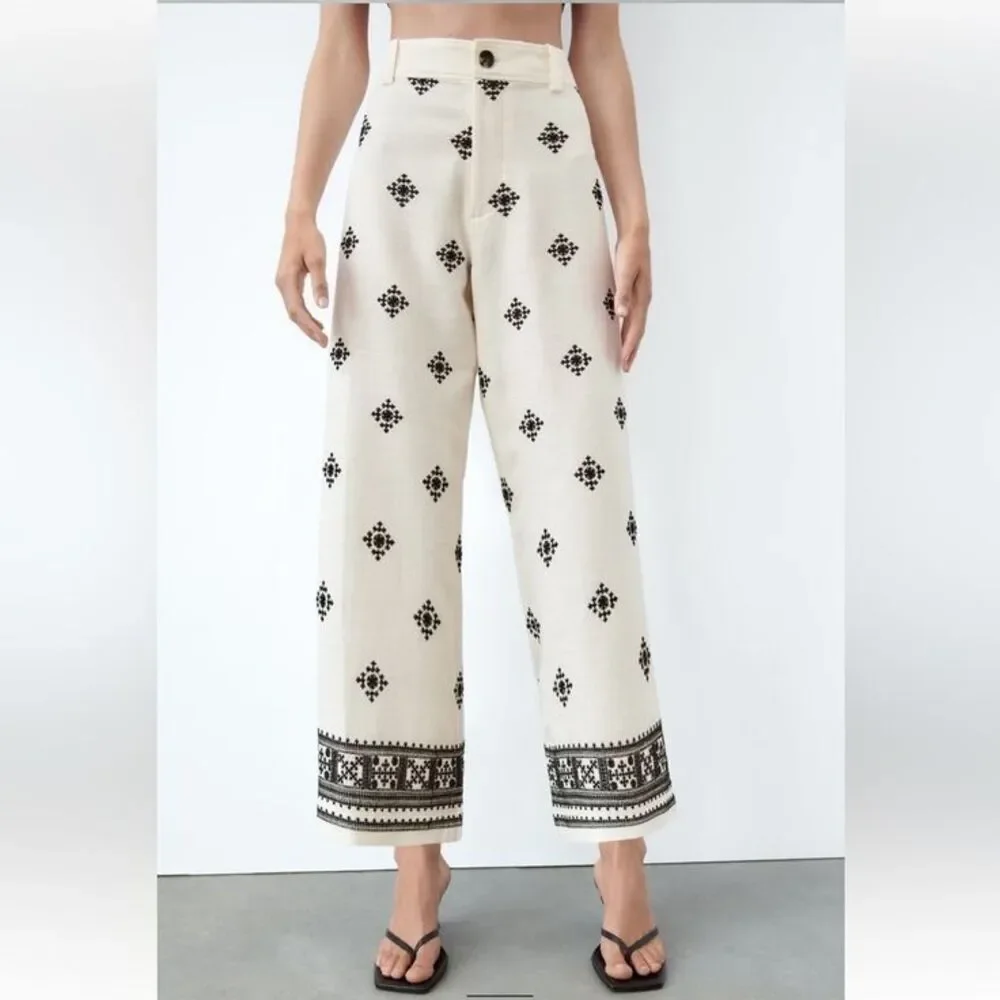Zara Cream Embroidered Wide Leg Pants XS Boho Linen Blend